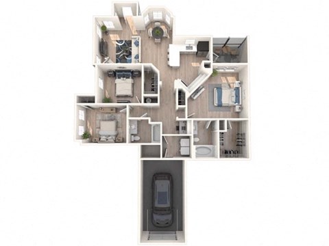 A floor plan of a house with a kitchen, living room, and bathrooms.